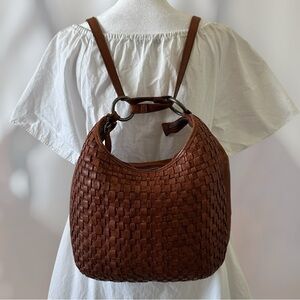 VILENCA Holland Woven Convertible Shoulder Purse Backpack 100% LEATHER Cognac